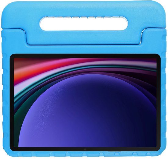 Blauwe tablethoes met handvat bovenop, zicht op het scherm.