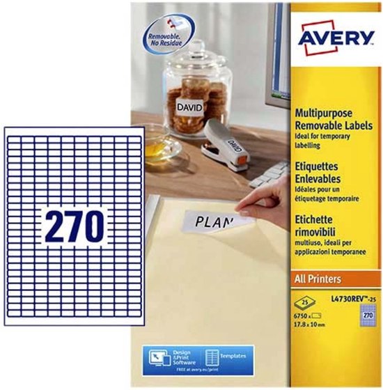 Huismerk Avery L4730-REV-25 Afneembare Etiket