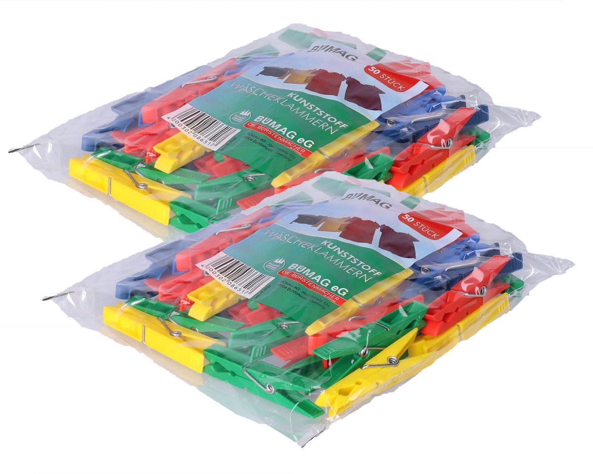 Goedkoopste Wasknijpers - 100x stuks - felle kleurenmix - kunststof - groot formaat van 8 cm