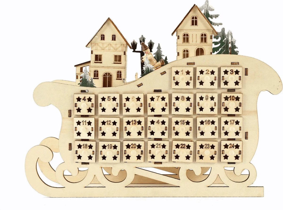 Adventskalender - Kerst adventskalender - Houten Slede Kalender - LED Creatieve Kerstversiering - Accessoires Praktisch Huishouden - Interieur Ornamenten - Speelgoed - Speelset