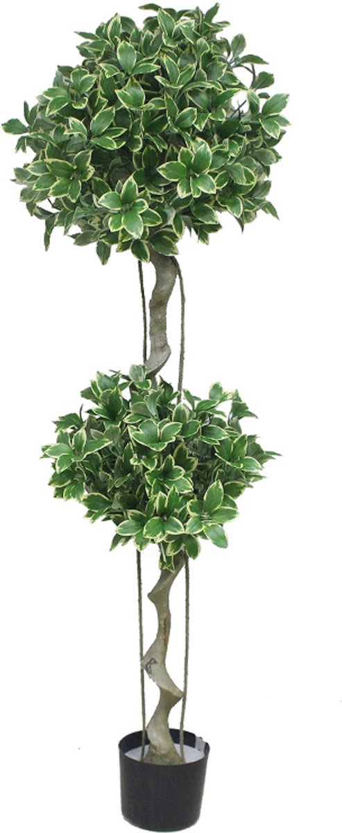 Kunstpalm Kunst Heester struik - 155cm - Dubbele struik - Namaak Heester bol op stam - Groen Lichtgroen