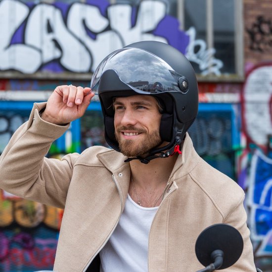 VINZ Duoro Casque Jet avec Visière / Casque de Scooter / Casque de Scooter Moustache - Zwart Mat