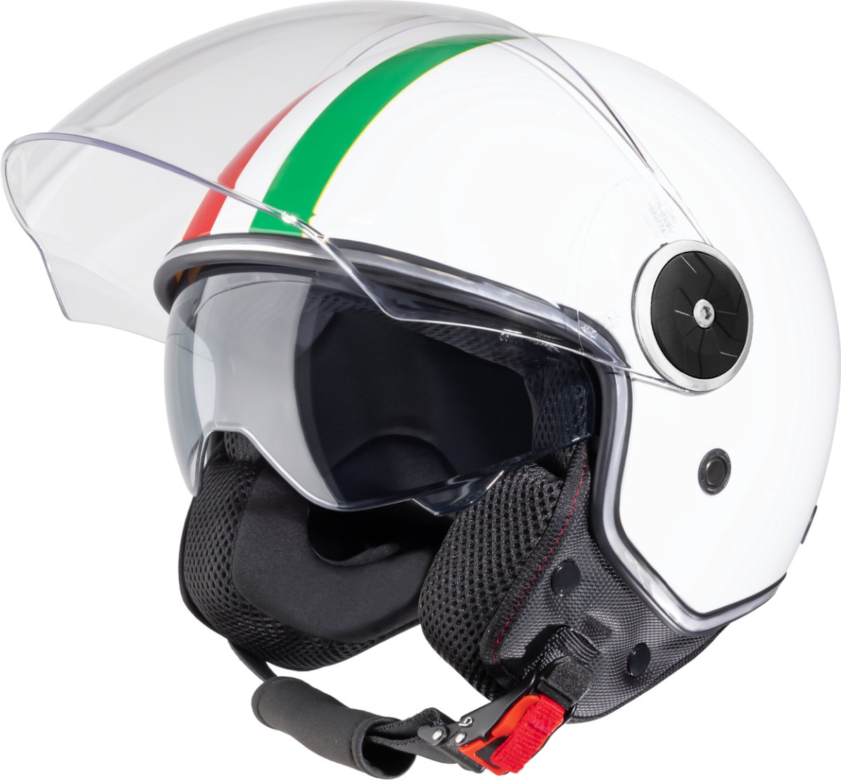 VINZ Neiva Jethelm met Zonnevizier | Scooterhelm Retro & Motorhelm Retro & Brommerhelm & Snorfietshelm | Italiaanse Vlag | ECE 22.06 goedgekeurd | Lichtgewicht 1200 gram | Voor Heren & Dames | Inclusief Opbergzak | Wit - L