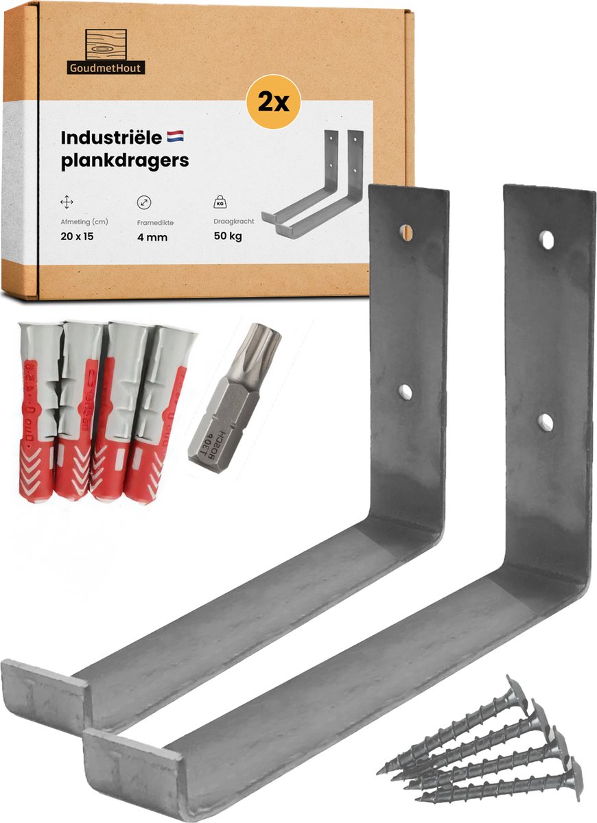 GoudmetHout® Industriële Plankdragers L-vorm UP - 20 cm - Stalen Plankdrager voor Wandschap, Muurrek of Wandconsole - Max 100 kg - 2 Stuks - Zonder Coating