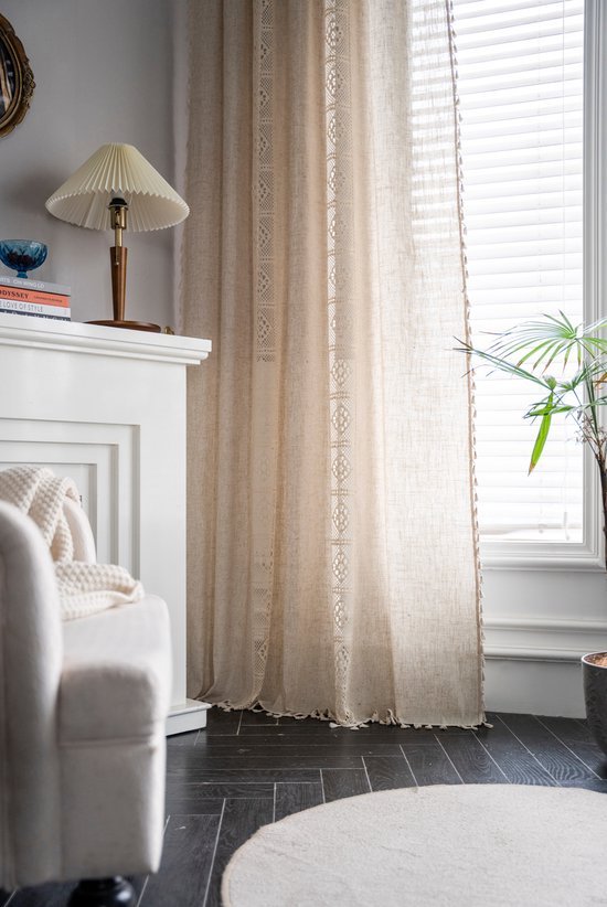 Boho Rideaux Pour Salon Vintage Gland Crochet kanten Panneaux Pour Chambre Fenêtre Ferme Rétro Creux Sheer Rideaux, 59"w × 63"l (150cm x160cm) -2 Panneaux-Beige Cube