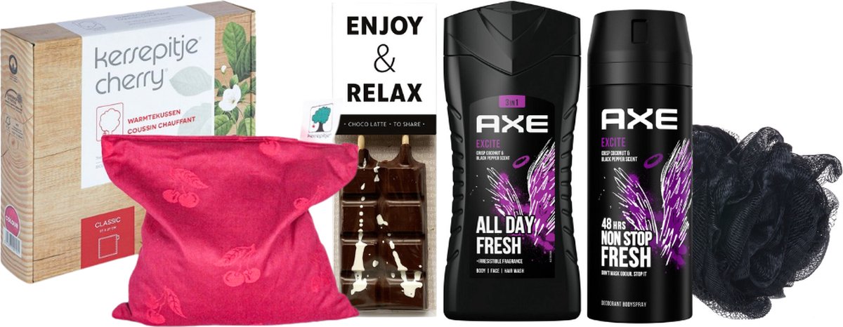Goedkoopste Axe Cadeauset Warme Kerst Chocolade & Warmtekussen Excite - Axe Showergel 250 ml Excite - Axe Body Spray 150 ml Excite - Kersepittje Warmtekussen Classic 27x27cm