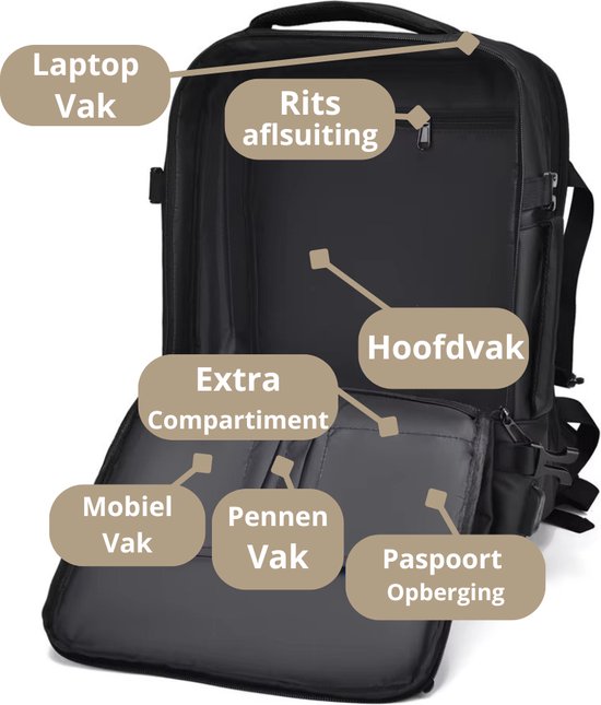 Open zwarte Caimco rugzak die laptopvak, hoofdvak en extra compartimenten toont.