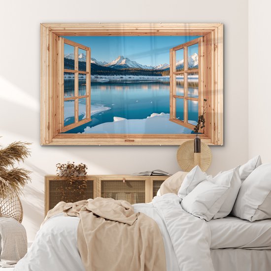 MuchoWow® Peinture sur verre 180x120 cm - Peinture sur verre acrylique - Vue - Paysage - Hiver - Lac - Montagnes - Vue - Photo sur verre - Décoration murale salon - Décoration murale chambre - Peintures