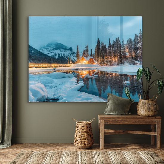 MuchoWow® Peinture sur verre 160x120 cm - Peinture sur verre acrylique - Paysage d'hiver - Nature - Maison - Montagnes - Neige - Photo sur verre - Décoration murale salon - Décoration murale chambre - Peintures