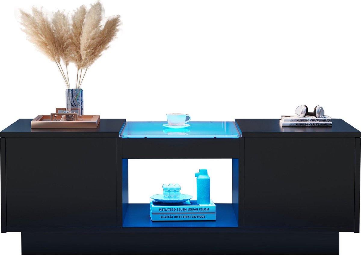 Merax Zwarte Salontafel 100x50x35,5 cm – Met Glaspanelen - LED-verlichting - App-bediening - 2 Lades en Open Opbergruimte