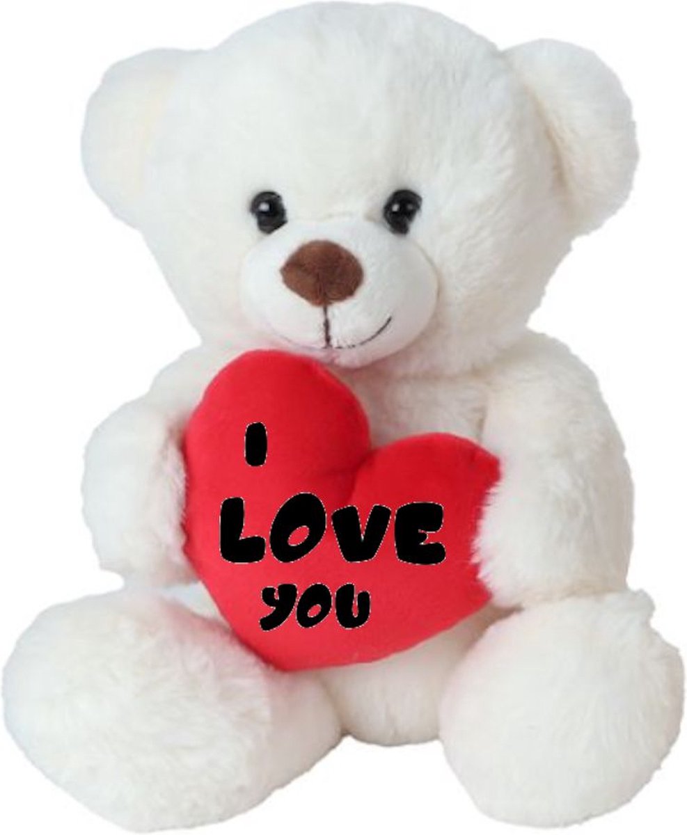 Take Me Home pluche beer wit met rood hart Valentijn Bedrukt met tekst "I love you" 21cm