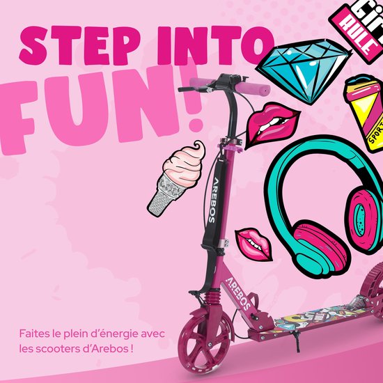 Roze AREBOS step met "STEP INTO FUN!" en decoratieve stickers van ijsje, koptelefoon en mond.