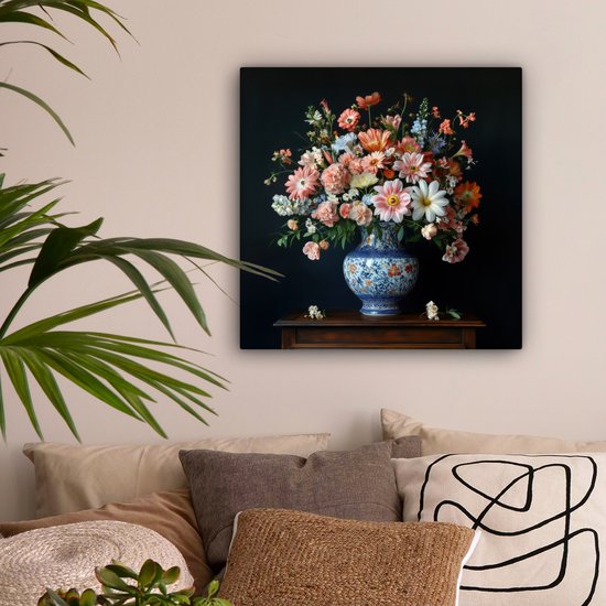 Tableau sur toile 50x50 cm - Décoration murale exclusive Bois - Vase - Couleurs - Fleurs - Décoration murale salon - Décoration chambre - Accessoires chambre - Peintures sur toile
