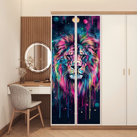Deurposter 90x205 cm - Deursticker Leeuw - Verf - Kleurrijk - Zwart - Dieren - Meubelfolie zelfklevend - Deurfolie tienerkamer - Interieurfolie kinderkamer - Deur plakfolie - Deurbehang sticker - Kamer decoratie tieners