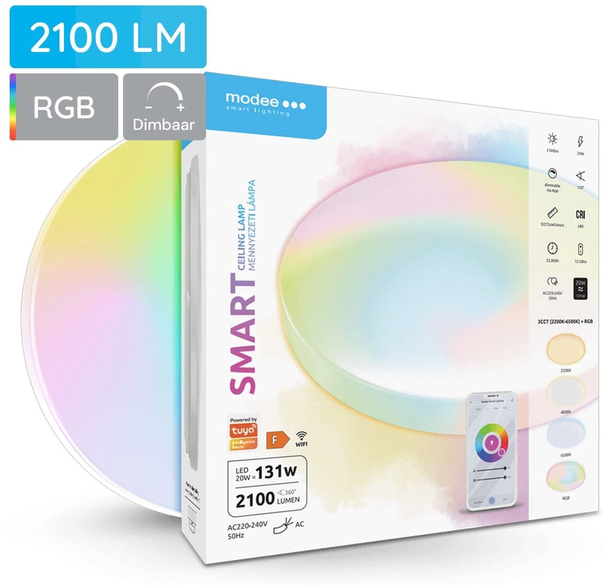 Modee Smart Plafondlamp LED - App Bediening - ø27.2cm - 20W - Plafonnière - RGB en Kleurtemperaturen - Rond - Per Stuk