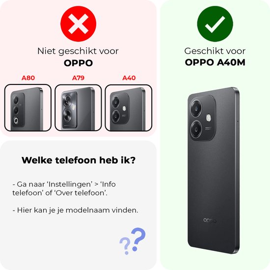 Telefoons met een rode kruis zijn niet geschikt, OPPO A40 met groen vinkje is geschikt. Uitleg over telefoonmodel vinden.
