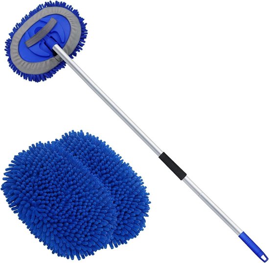 Autowasborstel Telescopisch - Wasborstel Met Telescopische steel – 180° Rotatie – Telescoop Wasborstel Met Zachte Borstel Haren – Uitschuifbare Wasborstel Auto Inclusief 3x Microvezelmop – Was Borstel – 160 cm