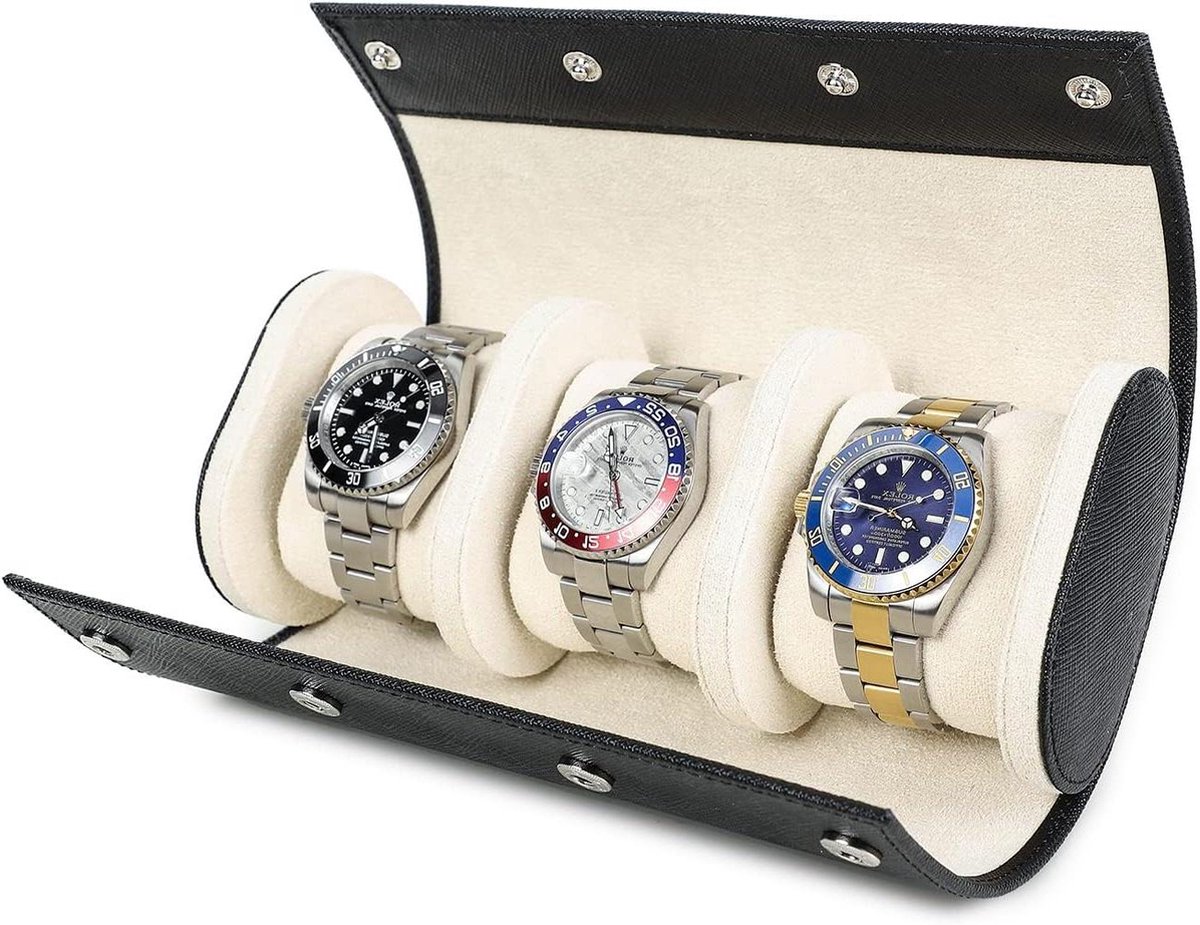 Opslag horloge case - lederen reizen draagbare case voor 3 horloges - handgemaakt - saffiano leder - verwijderbare kussens - zwart