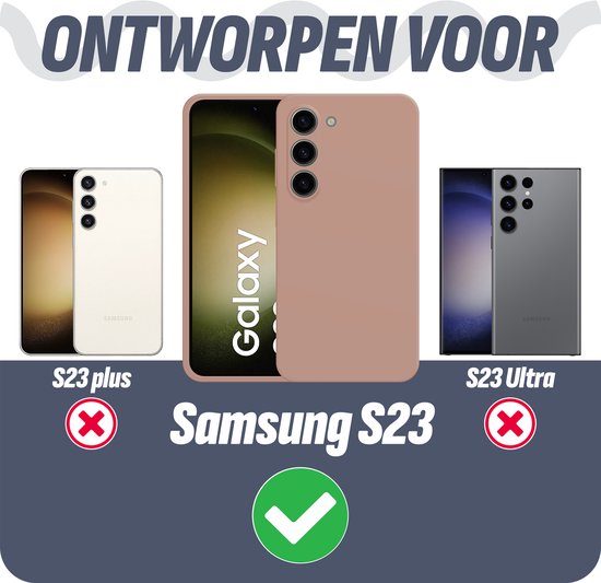 Vergelijking van telefoonhoesjes voor Samsung S23, S23 plus en S23 Ultra. Toont een roze hoesje en zegt "ONTWORPEN VOOR Samsung S23".