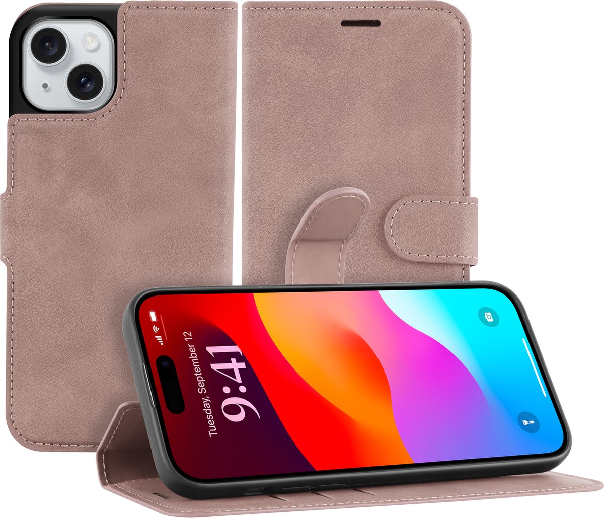 Cazy hoesje geschikt voor iPhone 15 Plus Hoesje met Pasjeshouder - Premium Bookcase - Roze