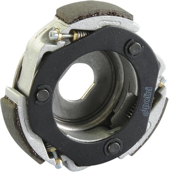Vue détaillée de l'embrayage centrifuge Polini avec anneau noir, ressorts et trois segments d'embrayage.