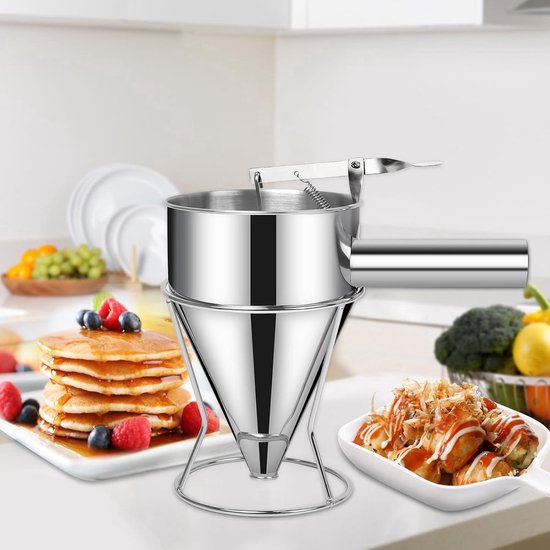 Pannenkoekendeegdispenser, 600 ml, pannenkoeken, deegdispenser, deegportioneerder, roestvrij staal, baktrechter, zuigertrechter, fondanttrechter, roestvrij staal, met rek en 4 verschillende sproeiers