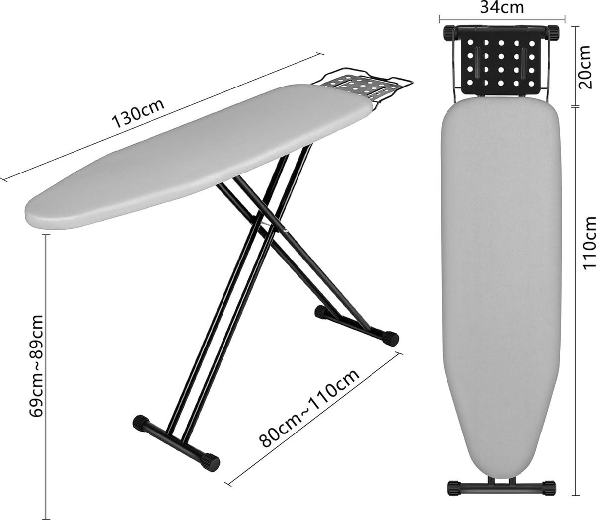 Inklapbare strijkplank, strijkplank met antislip voeten, robuuste stoomstrijkplank met strijkijzerplank, tafelstrijkplank met verstelbare hoogte, strijkplank 110 x 34 cm (grijs)