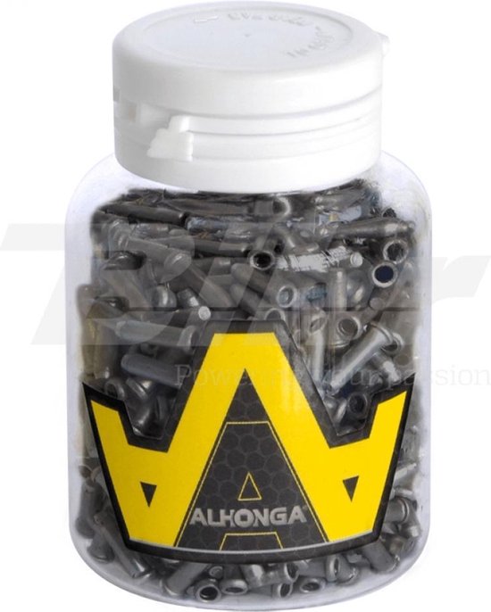Transparante pot met Alhonga-logo en zilverkleurige remkabels.