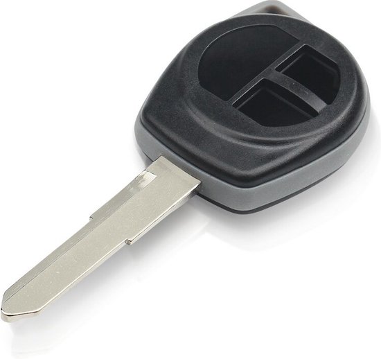 Zwarte en grijze autosleutelbehuizing met twee knoppen en een metalen sleutelblad.
