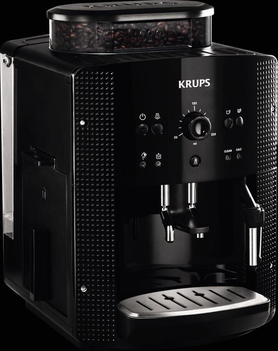 Zwarte Krups volautomaat espressomachine met koffiebonen in reservoir.