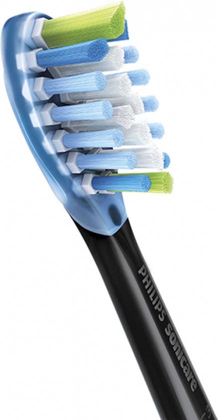 Close-up van de borstelkop van een zwarte Philips Sonicare C3 opzetborstel met blauwe, witte en groene borstelharen.