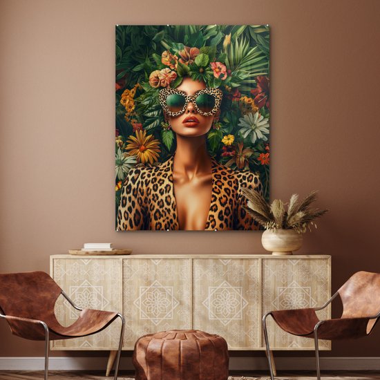 MuchoWow® Peinture sur verre 90x120 cm - Peinture sur verre acrylique - Femme - Imprimé Panthère - Jungle - Nature - Luxe - Photo sur verre - Décoration murale salon - Décoration murale chambre - Peintures