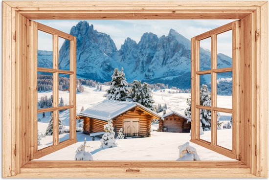 Poster 120x80 cm - Doorkijk - Winterlandschap - Huisje - Bergen - Uitzicht - Posters - Kamer decoratie - Wanddecoratie woonkamer - Muurdecoratie slaapkamer