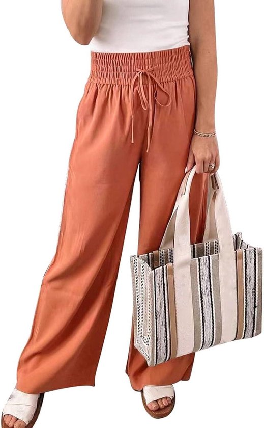 Hoge Taille Casual Losse Wijde Pijpen Effen Kleur Elastische Taille Lounge Trekkoord Flowy Broek met Zakken - Dames Broek - Oranje