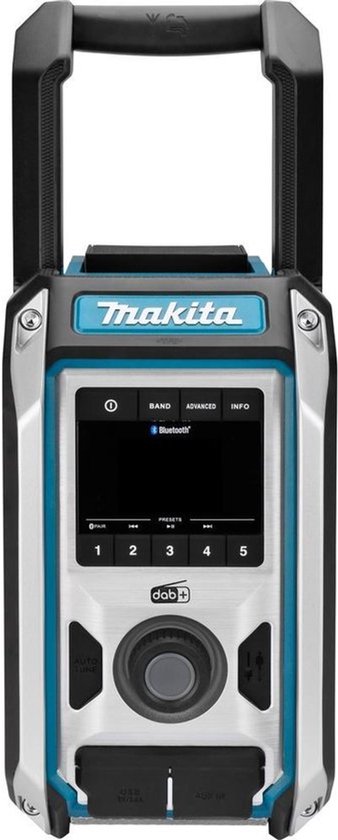 Makita bouwradio met turquoise body, zilveren frame, handvat, display en draaiknop.