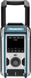 Makita bouwradio met turquoise body, zilveren frame, handvat, display en draaiknop.
