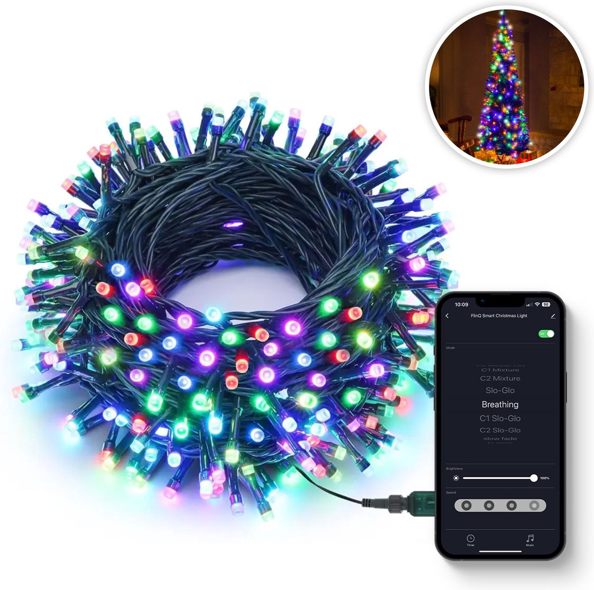 FlinQ 200 LED Slimme Lichtketting - Kerstboomverlichting - kerstverlichting voor binnen en buten - Lichtsnoer - Lichtslinger warm wit en Multicolor - Perfect voor Kerstdecoratie - 23 meter