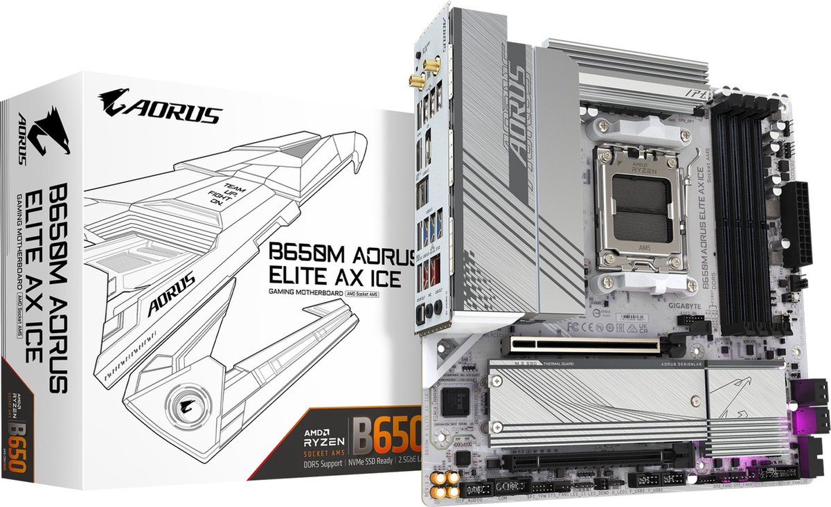 GIGABYTE B650M A ELITE AX ICE moederbord RAID, 2.5 Gb-LAN, WLAN, BT, Sound, µATX
