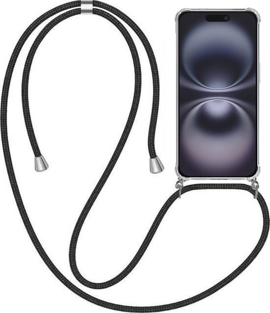 Zwart telefoonnekkoord met zilverkleurige uiteinden, bevestigd aan een doorzichtig telefoonhoesje.