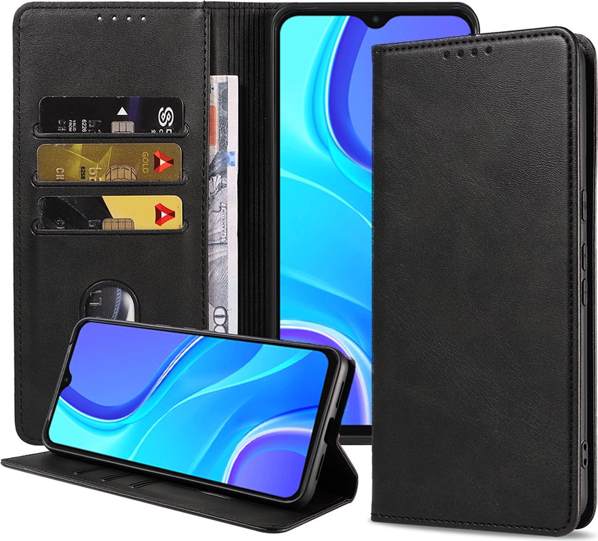 Smartphonica Telefoonhoesje geschikt voor Xiaomi Redmi 9 kunstleren Hoesje met Magnetische sluiting en Pasjeshouders Book Case met Klepje - Zwart geschikt voor Xiaomi Redmi 9
