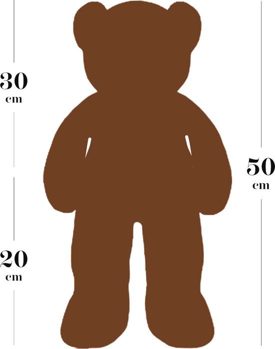Silhouet van een bruine teddybeer van 50 cm hoog, met afmetingen 30 cm en 20 cm aangegeven.