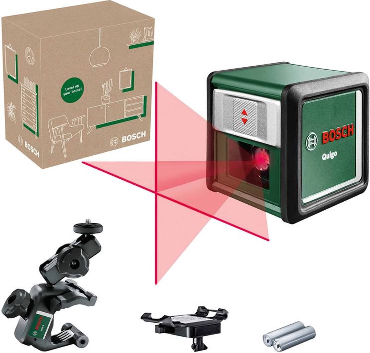 Bosch Kruislijnlaser Quigo llI (Alkaline (2x LR03/AAA), universele klem MM 2 en adapter plaat)