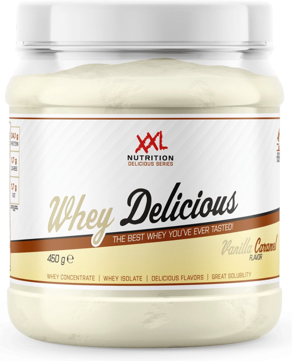 Goedkoopste XXL Nutrition - Whey Delicious - 80 Eiwit - Vanille Caramel - Wei Eiwitpoeder met BCAA & Glutamine, Proteine Poeder, Eiwit shake, Whey Protein - Diverse Smaken - 450 gram (15 shakes