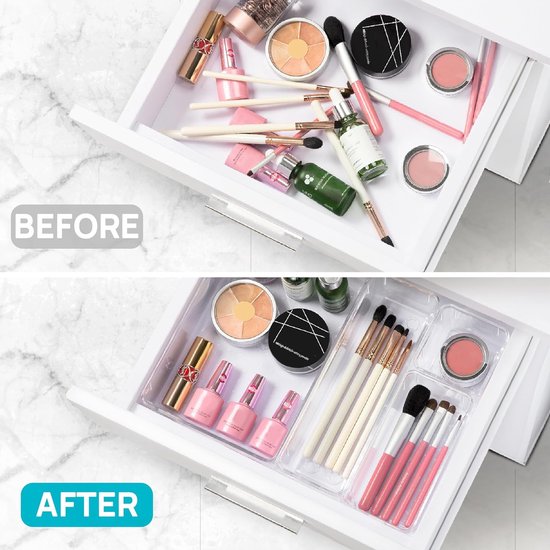 Lilly Things ANTISLIP Opbergsysteem voor schuifladen (transparant), lade-inzetstuk, opbergdoos voor make-up en cosmetica, make-uptafel, bureau, badkamer, keuken (12-delig