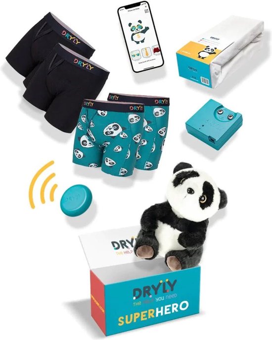 Pakket met zwarte en panda-print boxers, bedplassensor, panda knuffel, app en doos.