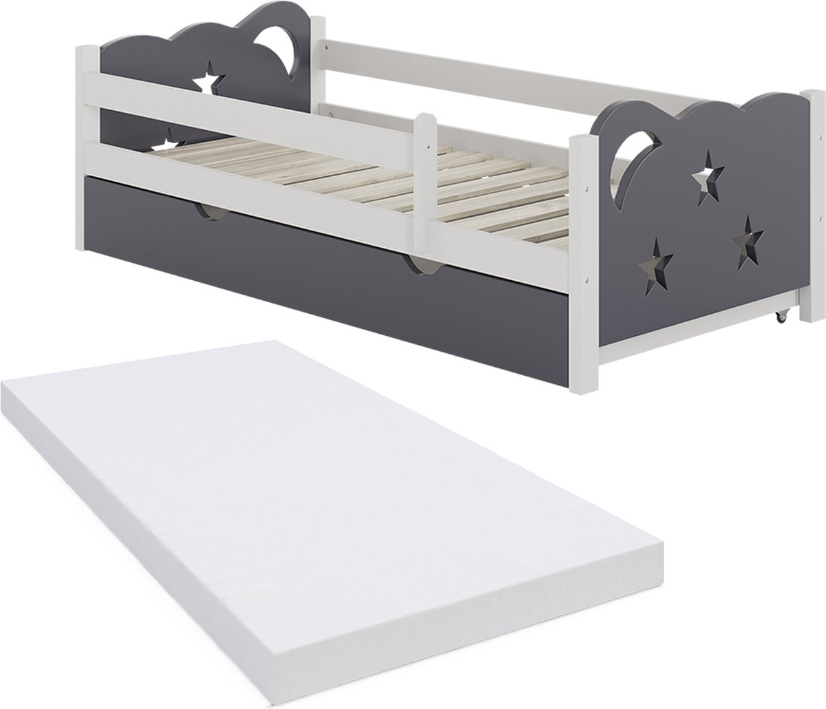 Vitalispa Jessica Kinderbed – 80x160 cm met lade en matras Wit/Grijs