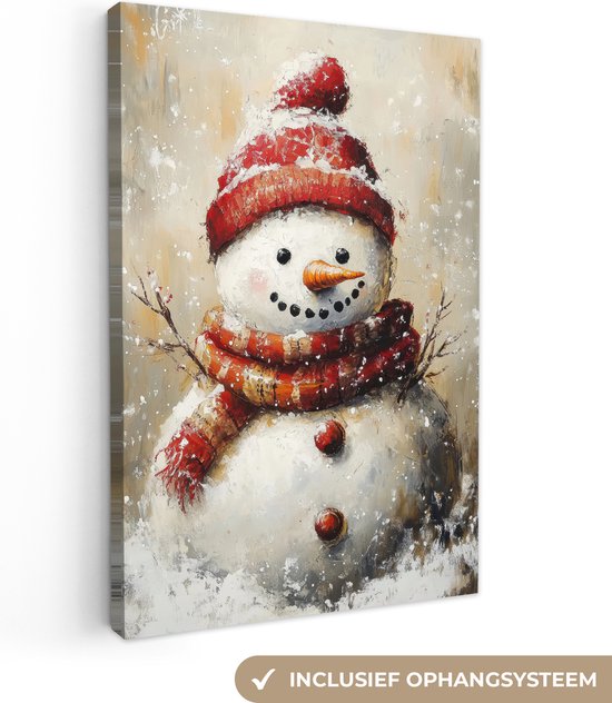 Canvas schilderij 80x120 cm - Wanddecoratie Sneeuwpop - Winter - Sneeuw - Beige - Muurdecoratie woonkamer - Slaapkamer decoratie - Kamer accessoires - Schilderijen op canvas