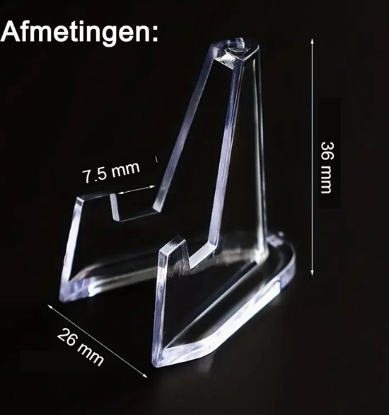 Transparante acryl displaystandaard voor munten met afmetingen: 36 mm hoog, 26 mm breed en 7.5 mm diep.