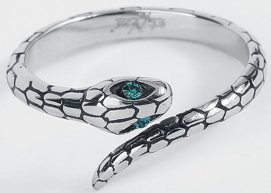 Zilverkleurige ring, slangenvorm met blauwe oogjes en gedetailleerde schubben.