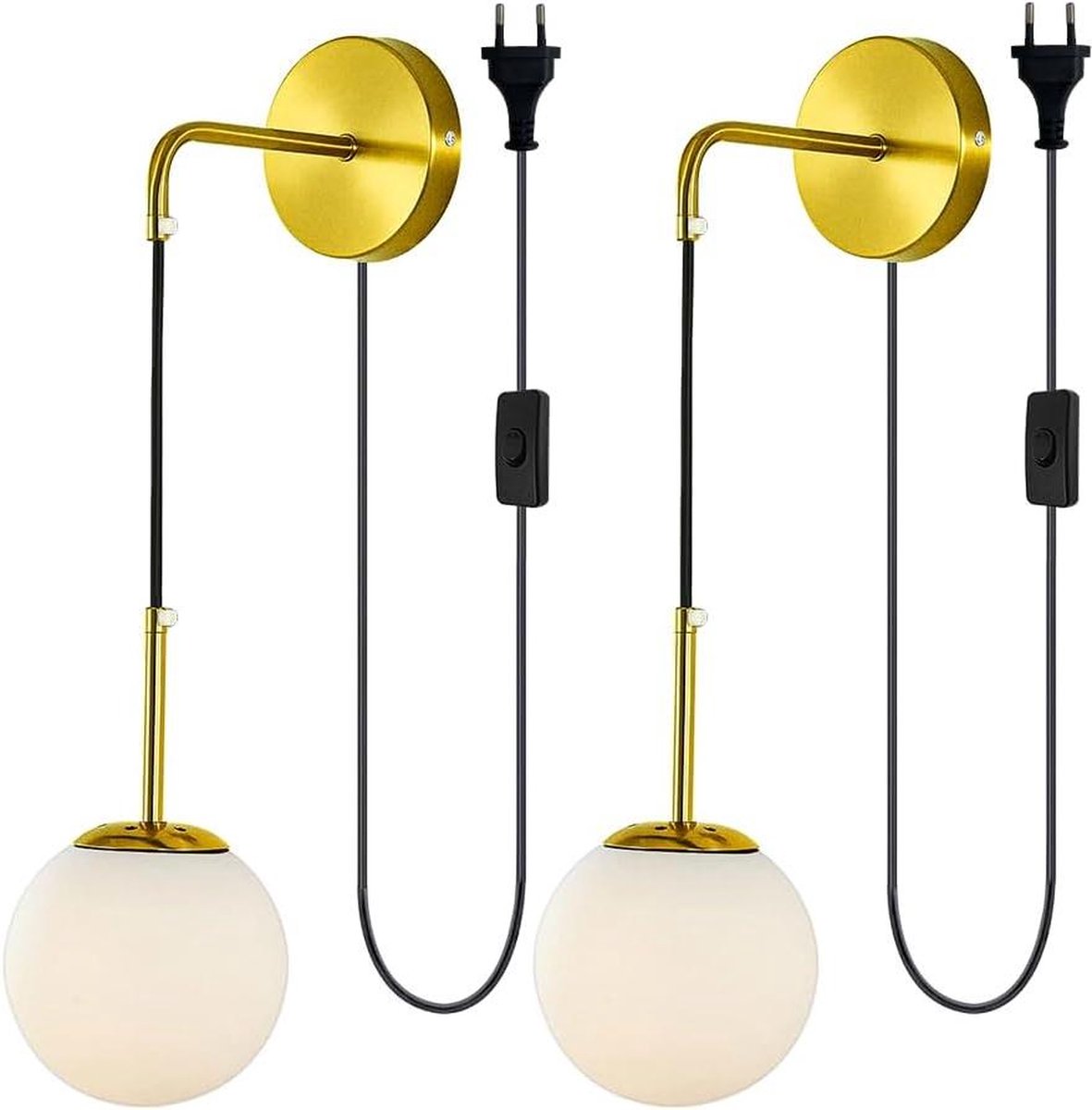 Verstelbare kabel E27 wandlampen - set van 2 - voor binnen met schakelaar en stekker - goud - slaapkamer badkamer gang decoratie